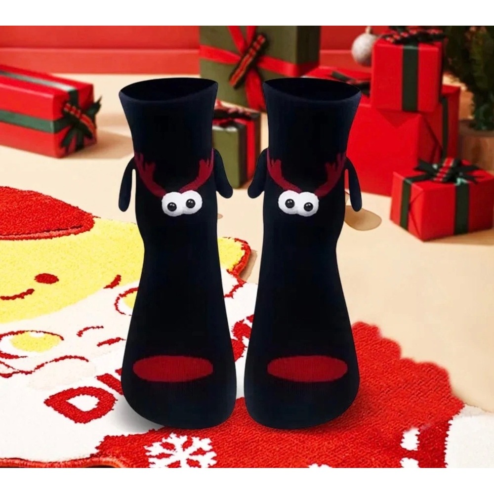 Reindeer Socks Unisex H 3D Holiday magnetic holding hands Black Christmas